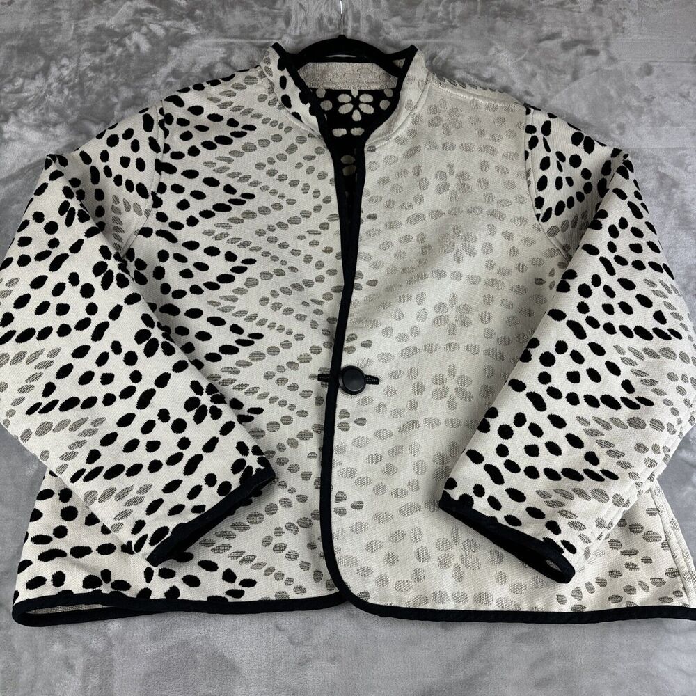 Trimdin Reversible‎ Tapestry Jacket Women's XL Black White Flower Artisan (0994)
